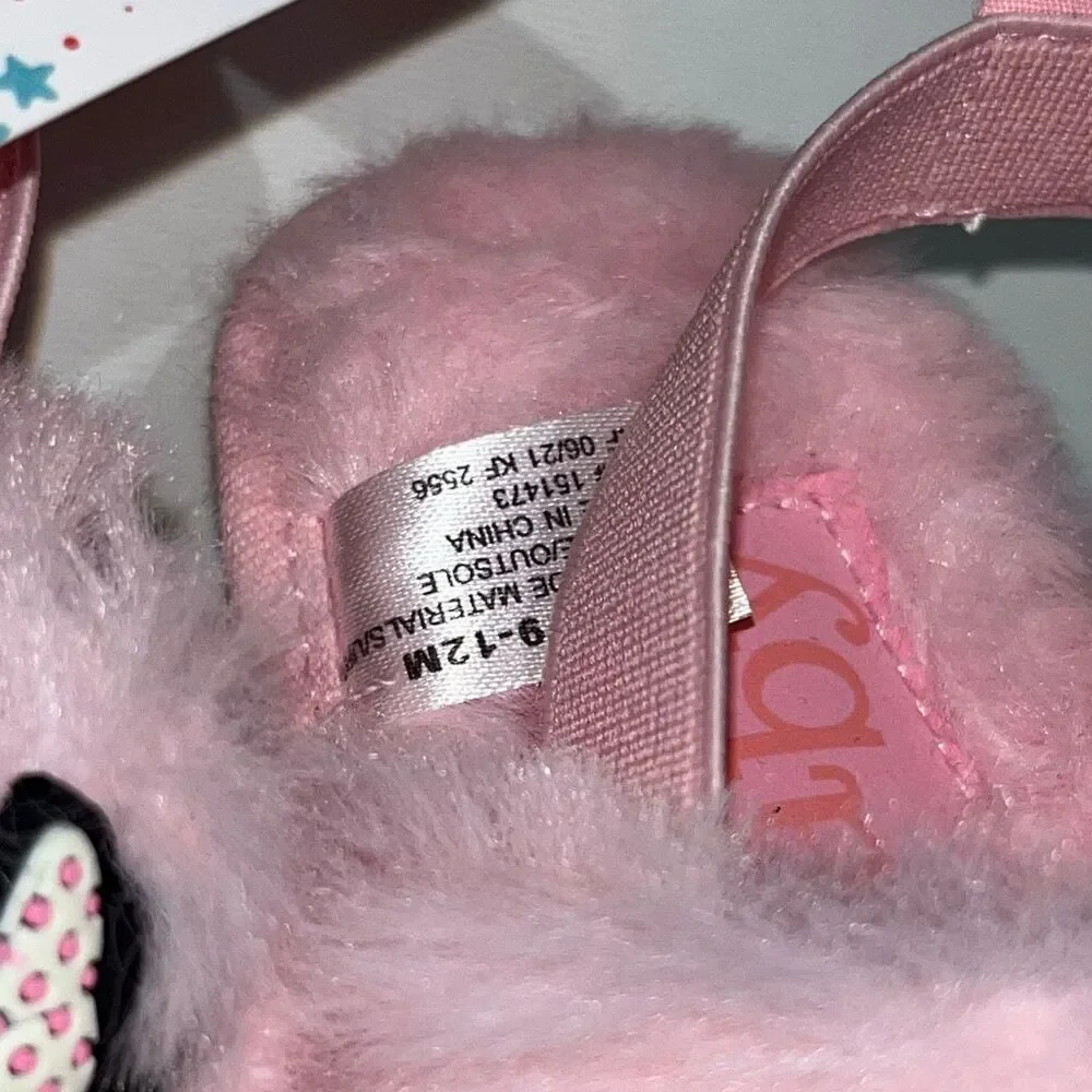 Disney Baby Pink Faux-Fur Back‎ Strap Minnie Mouse Slippers Size 9-12 Months NWT